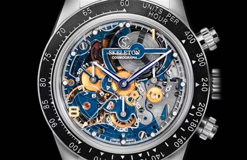 面盤可見改成雙色的機芯樣貌。(Source:SKELETON CONCEPT) 勞力士Daytona 116520改裝手表藍寶石面盤加藍色機芯零件超獨特-復刻表