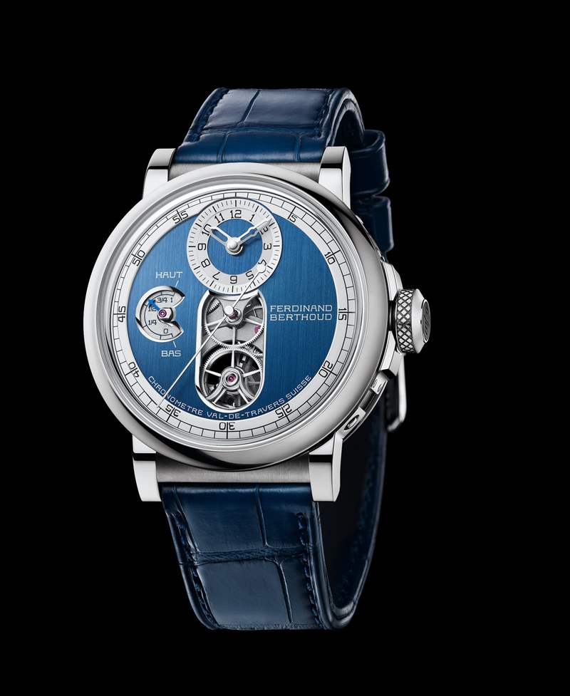 Chronomètre FB 2T精密時計系列，型號FB 2T.1（18K白金款搭配藍色緞面表盤）（圖片來源：Chronométrie Ferdinand Berthoud）
